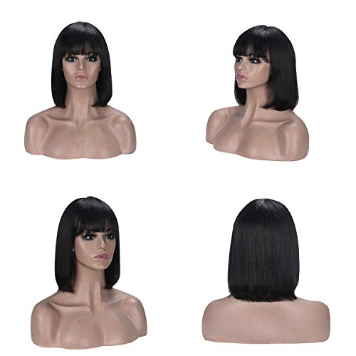 Rebasar Short Bob Wigs Human Hair 8 Inch Glueless Wear and Go Bob Wig With Bangs Human Hair Wigs for Black Women Brazilian Straight Hair No Lace Front Natural Black Wig