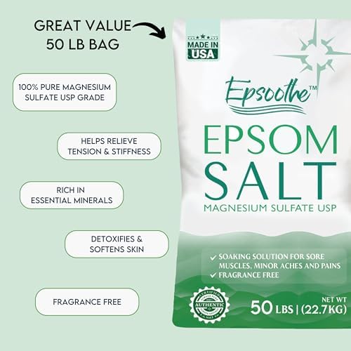 Epsom Bath Salt, Magnesium Sulfate USP, Unscented, Fine Grain, 50 Pound Bag (Packaging May Vary)