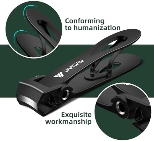 German Nail Clippers for Men, VANWIN Toenail Clippers for Thick Nails for Seniors with 16mm Wide Jaw, Ergonomic Heavy Duty Angled Head Toe Nail Clippers with Catcher Fingernail Clipper for Women Black
