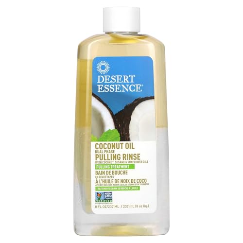 Desert Essence Coconut Oil Dual Phase Pulling Rinse, Mint, 8 fl oz - Alcohol Free, Sugar Free, Gluten Free, Vegan, Non-GMO - Organic Virgin Coconut Oil, Sesame Oil, Sunflower Oil & Tea Tree Oil
