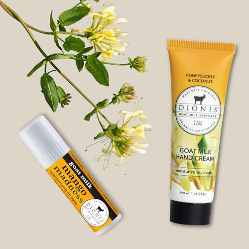 Dionis Goat Milk Skincare Hand Cream & Lip Balm Set - Safe For Sensitive Skin, Moisturize, Hydrate, Dry Chapped Lips and Skin, Cruelty Free, Honeysuckle & Coconut and Mango Madness, 1 oz and .28 oz