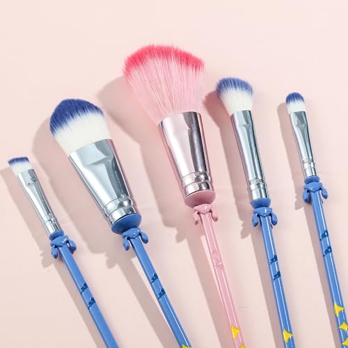 Interstellar Baby Makeup Brushes Set - 5Pcs Creative Stitch Theme Cosmetic Brushes Set, Premium Synthetic Foundation Eyeshades Brush Set Best Gift for Young Girl Women (Blue mix pink)