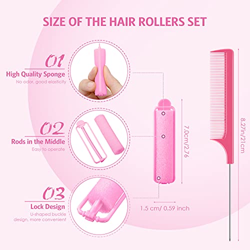 Syhood 43 Pcs Foam Sponge Hair Rollers Women 0.59 Inch Soft Sleeping Curlers Flexible Sponge Curler Tool and Rat Tail Comb for Hair Styling Hairdressing Overnight Curl and Volume(Pink)