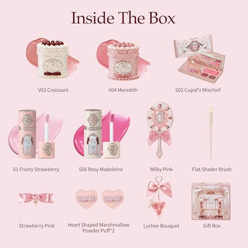 Flower Knows Strawberry Cupid 12 Pack Makeup Gift Box Set,Lip Cream×2+Liquid Blush×2+Makeup Palette×1+Hand Mirror×1+Solid Perfume×1+Hair Clip×1+Cushion Powder Puff×2+Eyeshadow Brush×1+Gift Box×1