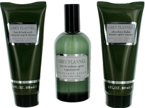 Geoffrey Beene, Trio Grey Flannel Eau de Toilette Vaporizer for Men, Aftershave, Shower Gel, Woody and Oriental Fragrance, Unique Green Cyprus Perfume