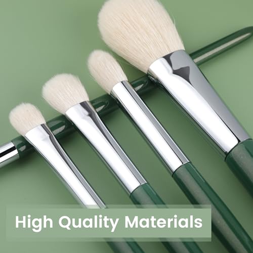 Natural Real Goat Hair Makeup Brushes Set Labeled 9 Piece Face and Eye Brush Set Ultra soft hair Foundation, Concealer, Blush, Contour, Blending, Eyeshadow Kabuki travel makeup brush set (green)