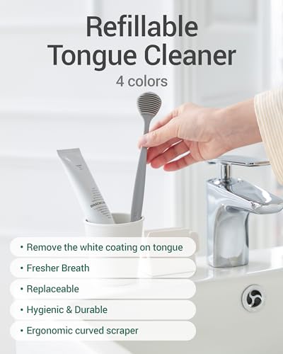 DEARCUS Korean Tongue Scraper with 3 Replaceable Heads - 100% BPA Free TPE Tongue Cleaner - Reduce Bad Breath & Without Hurt - Hygienic Scraper - Modern & Simple Design (White)