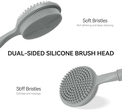 Back Scrubber for Shower, (16-24 Inch) Extendable Bath Brush Long Handle for Shower, Silicone Body Scrubber with Handle, Back Brush for Shower Men and Women,Easy to Clean (Gray)