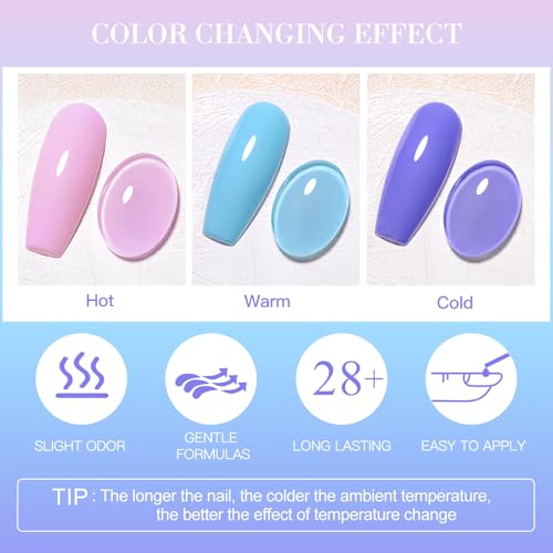 MEET ACROSS Color Changing Gel Nail Polish, 12 Colors Pink Blue Purple Orange Neon Mood Temperature Change Gel Polish Set Soak Off DIY Home Nail Art Gift For Girsl