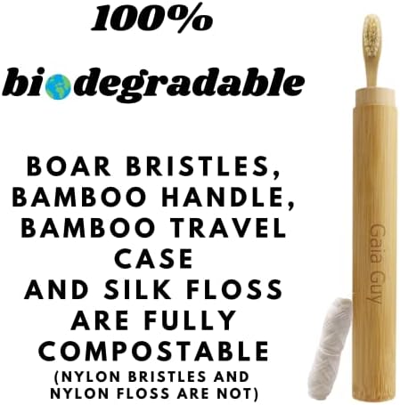 Gaia Guy Bamboo and Boar Bristle Toothbrush (4 Pack) + Travel Case & Silk Dental Floss | 100% Compostable Bristles and Floss | Eco-Friendly Dental Set | Biodegradable & Compostable Wooden Toothbrushes