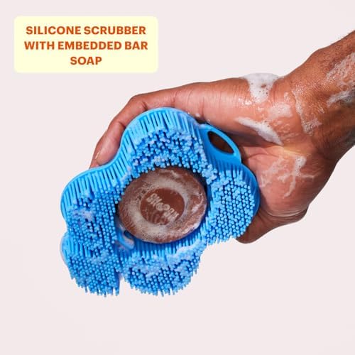 Smoosh® Body Scrubber, Blue & 2-Count Bar Soap, Cedarwood Bergamot - Silicone Body Scrubber with Embedded Bar Soap for Shower Exfoliation and Cleansing