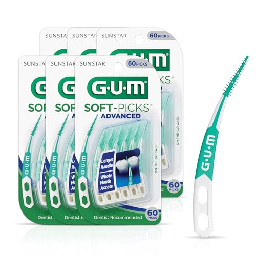 GUM Soft-Picks Advanced, Easy to Use Dental Picks for Teeth Cleaning and Gum Health, Disposable Interdental Brushes with Convenient Carry Case, Dentist Recommended Dental Picks, 60ct (6pk)