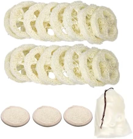 50Pcs Natural Loofah Slice of 1.96inch, Reusable Natural Loofah Cuts for Cleaner Sponge Scrubber, Facial Soap Holder and DIY Customize Soap Tools, with 3Pcs Exfoliating Loofah Pad and 1 Storage Bag