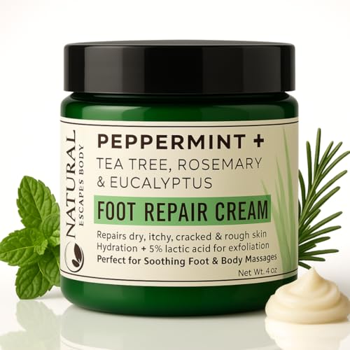 Peppermint + Rosemary, Eucalyptus & Tea Tree Foot Cream for Dry Cracked Heels and Feet - Moisturizing Foot Lotion for Cracked Heel Repair - Callus Remover with Lactic Acid (4 oz)