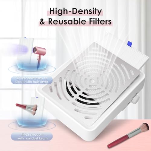 Nail Dust Collector with Lamp&50pcs Disposable Filter&Dusting Brush, Electric Nail Vacuum Cleaner Dust Fan Suction Machine for Manicure Acrylic Gel Nails Polishing, Low Noise, Salon Home