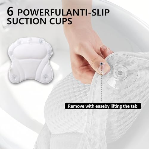 Bath Pillow for Bathtub, 4-Inch Thick Ergonomic Head Neck Support, 6 Strong Suction Cups, Breathable 4D Air Mesh – Machine Washable, Quick Dry, Luxury Spa Accessories (White, 17.3” x 16.7”)