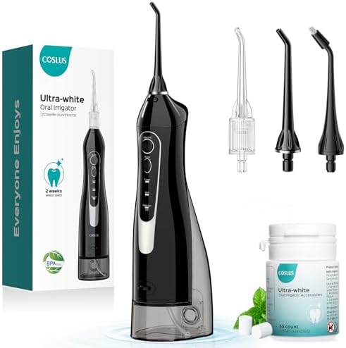 COSLUS Water Flosser Pick with 30pcs Whitening Mint Flavor Refill Combo for Teeth, Braces, Gums Care - Easy to Use, Portable for Coffee Lovers & Travel, Rechargeable, BPA-Free, Black, W40(F5020E)