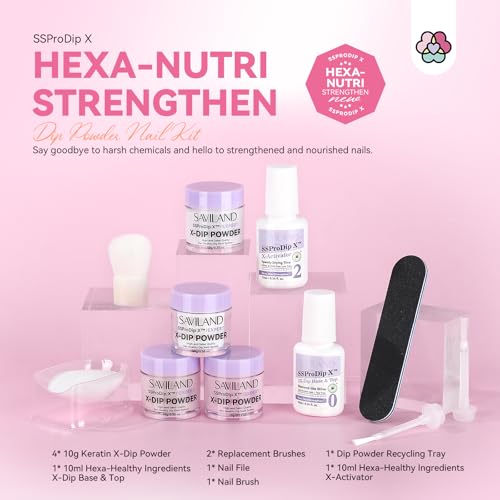 SAVILAND Dip Powder Nail Kit Starter: All Season Dip Nail Starter Kit Set with 4 Colors Clear White Nude Dipping Powder 2-in-1 Dip Base & Top Activator for French Nail Art Manicure DIY Home