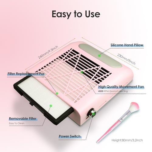 Nail Dust Collector Nail Tech, 80W Powerful Suction Nail Extractor Vacuum with Reusable Filter & Brush, Adjustable Electric Nail Fan Dust Vacuum for Acrylic Gel Nail Polishing Manicure Tool