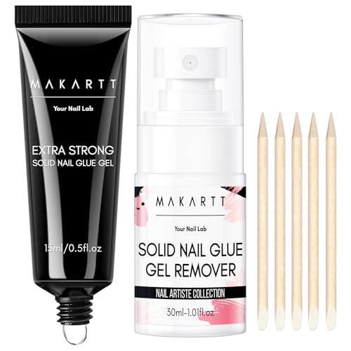Makartt Nail Glue and Remover Kit: Super Strong Solid Gel for Press on Tips, 30ml Glues Remover for Easy Polish Removal, Nails Art Supplies for Salon and Home Use