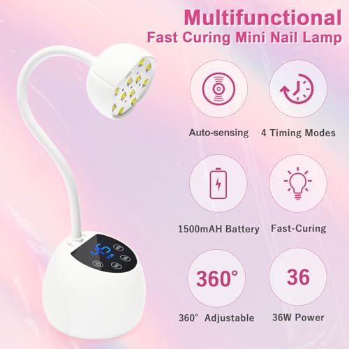 CGBE UV LED Nail Lamp, 36W Mini Cordless Flash Cure Lamp, USB Rechargeable Goosenecks LED Nail Light for Gel Nails with 4 Timers & Auto Sensor for Salon Home DIY Use, White