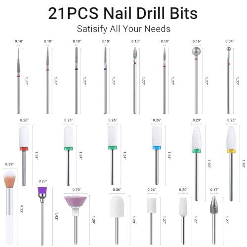 MelodySusie 21pcs Nail Drill Bit Set with Portable Holder Case, 3/32'' Ceramic Diamond Carbide Acrylic Gel Nail Art Tool Kit, Cuticle Remover Bit for Acrylic Dip Powder, Manicure Pedicure, Salon Home