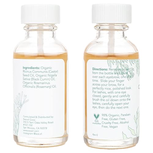 Sea El Castor Lash & Brow Serum Organic Castor Oil Rosemary Oil & Black Seed Oil Hair Conditioner - Eyelashes & Eyebrow Thickening & Growth Essentials for Women & Men - 1 fl oz Bottle