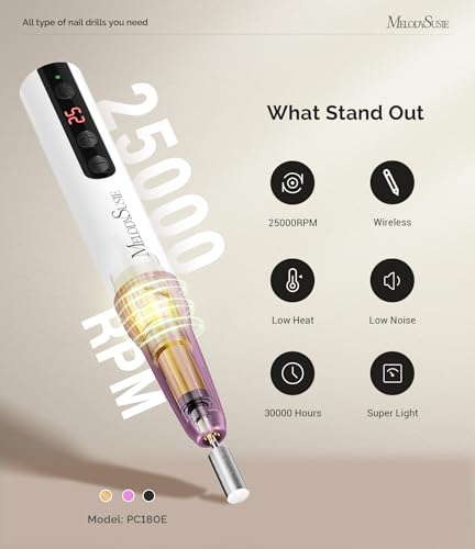 MelodySusie Rechargeable Cordless Electric Nail Drill,PC180E 25000RPM Portable Nail Efile for Acrylic Gel Dip Powder Nails, 25 Speeds with Nail Drill Bits Sanding Bands (Purple)