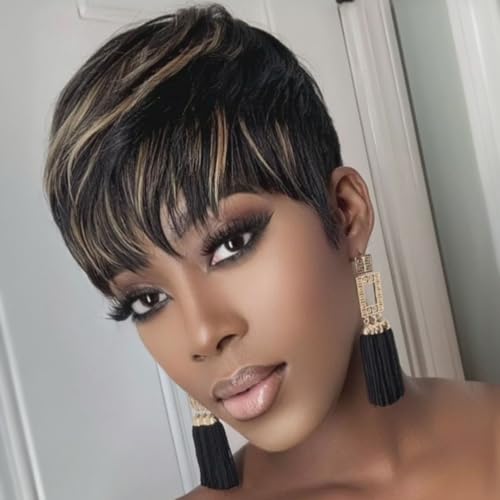 Short Pixie Cut Wig for Black Women Human Hair 1B30 Colored Short Layered Pixie Wigs With Bangs for Women Brazilian Virgin Straight Human Hair Glueless Wig (1b/30)