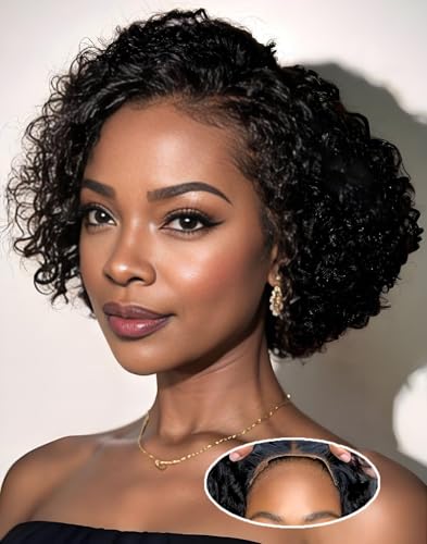 Short Curly Pixie Cut Wig Human Hair 5X5 Closure Glueless Wigs Human Hair Pre Plucked Pre Cut 8 Inch Brazilian Real Hair Pixie Wigs for Black Women Natural Color