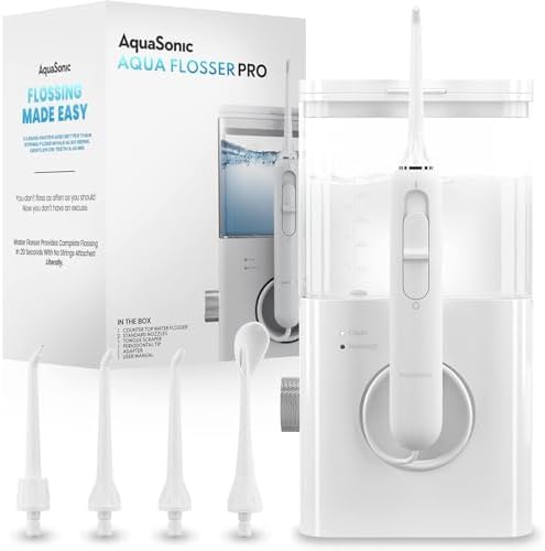 AquaSonic Aqua Flosser PRO | Professional Water Flosser with Large Capacity Reservoir | Oral Irrigator w/ 2 Modes, 10 Levels of Water Pressure, 4 Included Tips | Sleek & Compact | Dentist Recommended