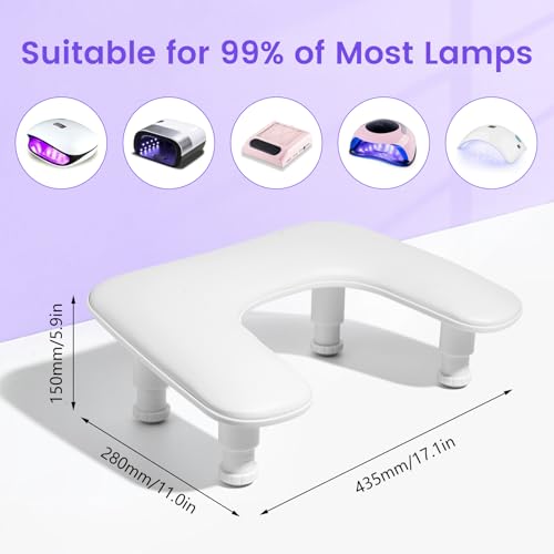 Big Arm Rest for Nails Tech: 2nd Generation U-Shaped Manicure Nail Arm Rest Stand Height Adjustable Armrest Microfiber PU Leather Hand Rest Pillow for Acrylic Nails (White)