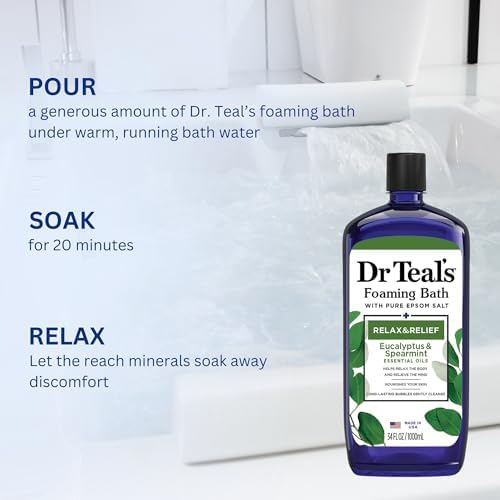 Dr. Teal's Eucalyptus and Spearmint Foaming Bath 34oz Bottles (Pack of 2) with Variety Junction Premium Bath Sponge - Relax and Relief, Bubble Bath, Relaxing, Men's and Women's, Clear