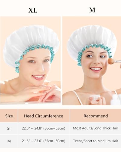 mikimini White Shower Caps for Women Long Hair,2 Pack,Large Size,Reusable,Waterproof Washable Hair Caps for Women and Girls, Super Cute and Extra Large