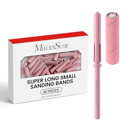 MelodySusie 50 Pcs Nail Drill Bits Super Long Small Sanding Bands with 3.1mm Crystal Mandrel Bit, 180 Fine Grit Nail File for Acrylic Nails Gel Manicures and Pedicure, Pink