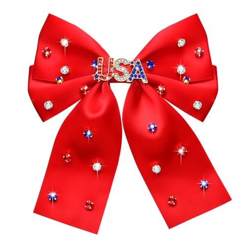 4th of July Hair Bows for Women Girls Big Jeweled Red White Blue USA Hair Bow Clips Patriotic Fourth of July Independence Day Accessories Party Favors USA Red