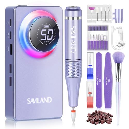 SAVILAND 50000RPM Nail Drill for Acrylic: 2025 Pro High Tech Fast Removal Electric Nails Drill Kit 6000mAh Rechargeable Machine Professional Drill Bit Nail File Buffer Tools Salon Manicure Pedicure