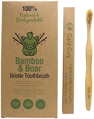 Gaia Guy Natural Bristle Bamboo Toothbrush with Boar Bristles - Totally Biodegradable and Compostable - No Nylon Toothbrushes - Zero Waste 12-Pack