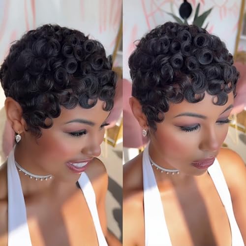 PangDongLai Chic Elegent Pixixe Cut Curly Wigs for Black Women Short Layered Pixie Cut Human Hair Wigs With Bangs Natural Black Color Summer No Glue Short Curly Human Hair Wig