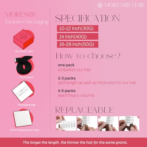Moresoo Black Tape in Hair Extensions Human Hair Invisible PU Tape in Extensions Straight Glue in Extensions Remy Human Hair Extensions Glue in Straight Hair 18 Inch #1 20pcs 50g