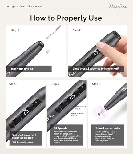 MelodySusie Electric Nail Drill,Cordless Nail File for Acrylic Gel Nails,PC180G 25,000RPM Professional Portable Nail Efile Manicure Pedicure Polishing Tool with Nail Drill Bits,Sanding Bands
