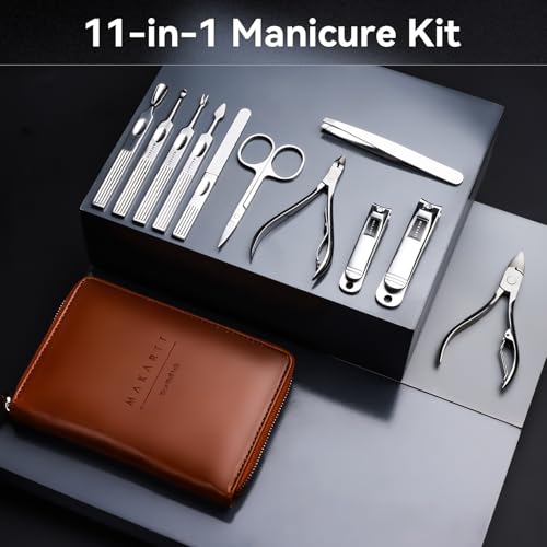 Makartt Manicure Kit: Professional Nail Care Clippers Set - 11 pcs Stainless Steel Tavel Women Men Fingernail Grooming Tool with Portable Brown Leather Case