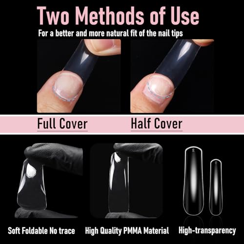Curved Square Nail Tips Press on Full Cover Nails, Extra Curve Clear XXL Square Nail Tips Long XL Acrylic Fake Nails Extension, French False Nail 12 Sizes 240pcs