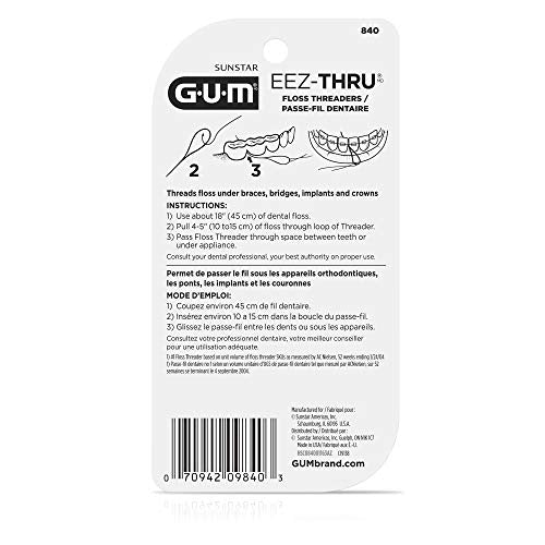 GUM EEZ-Thru Floss Threaders, Dental Flossers for Braces, Bridges, & Implants,25 Count(Pack of 6)