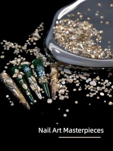 Champagne Nail Rhinestones, 5380Pcs Flatback Gold Glass Charms Gems Stones, 24 Grids 19 Types of Shaped Nail Art Rhinestones Kit with Picking Pen and Tweezers, 6 Sizes for Face Decoration