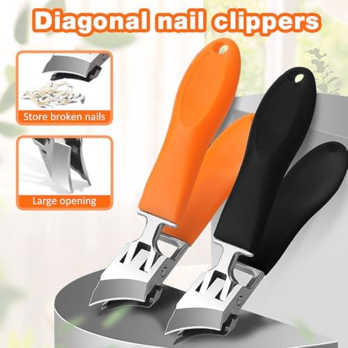 Wide Jaw Opening Anti-Splash Slanted Nail Clipper, Long Handle Splashproof Nail Clippers, Nail Clippers for Ingrown Nails, Wide Mouth Toe Nail Clippers, Household Slanted Nail Clippers (Black)