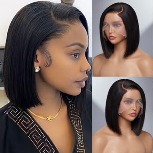 Bob Wig Human Hair 13x6 Hd Lace Front Human Hair Wigs For Black Women Glueless Lace Front Wigs Pre Plucked Pre Cut 180% Density Black Short Straight Bob Wig 10 Inch