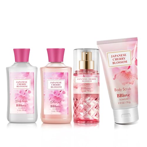 Bath and Body Gift Set for Women & Girls, Japanese Cherry Blossom, 4PCS Set for-Shower Gel, Body Lotion, Body Mist, Exfoliating Scrub, Body Care Set