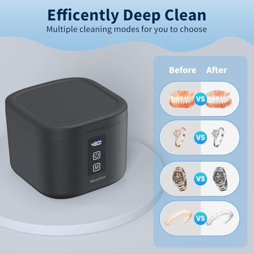 Retainer Cleaner, Ultrasonic Retainer Cleaner Machine 48kHz for Dentures, Mouth Guards, Braces, Toothbrush Heads, Jewelry, Ring Jewelry Cleaner with 300ML Capacity, 4 Modes Clean - Black