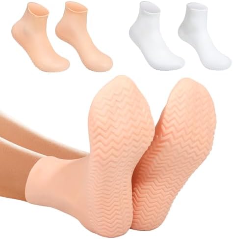 Silicone Moisturizing Socks for Dry Cracked Feet - 2 Pairs, XL Long Size, Non-Slip Heel Socks for Women and Men - High Stretch Foot Care Pedicure - White & Beige